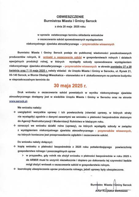 Ogłoszenie o naborze wniosków w związku z przymrozkami wiosennymi w 2025 roku