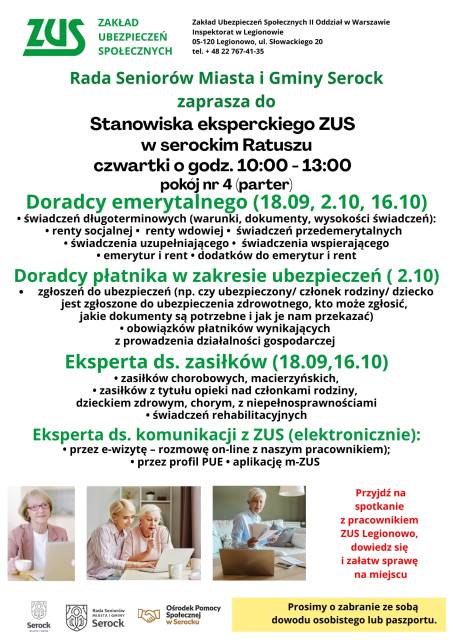 Rada Seniorów Miasta i Gminy Serock zaprasza seniorów na dyżur ekspercki ZUS w Urzędzie Miasta i Gminy w Serocku