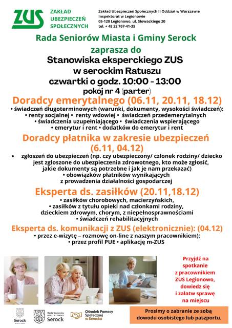 Rada Seniorów Miasta i Gminy Serock zaprasza seniorów na dyżur ekspercki ZUS w Urzędzie Miasta i Gminy w Serocku