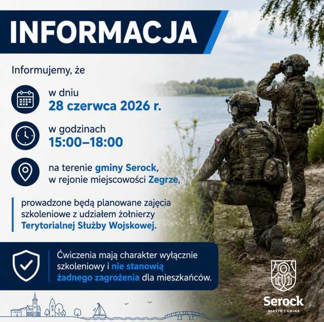 Informacja o planowanych ćwiczeniach wojskowych w rejonie Zegrza