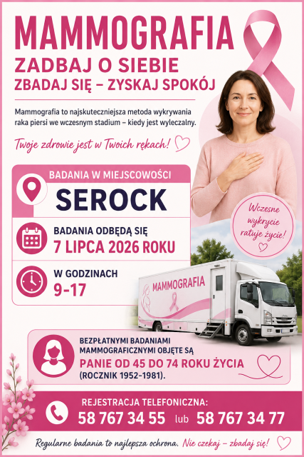 Bezpłatne badania mammograficzne w Serocku! 
