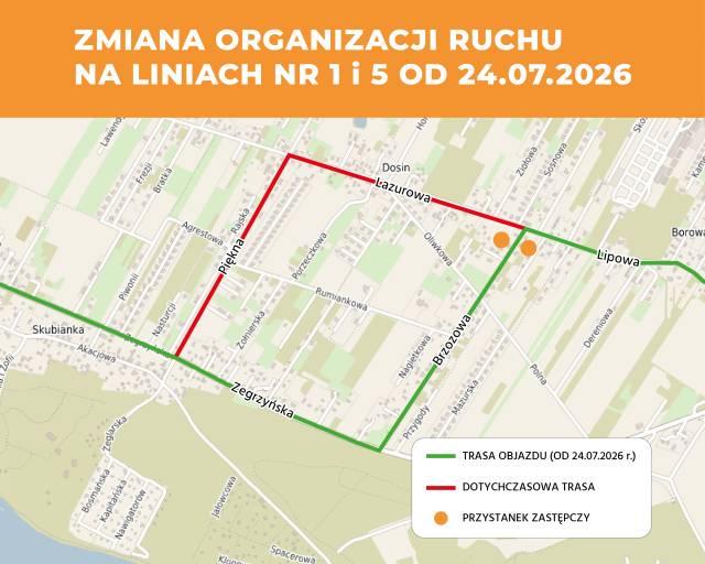 Zmiana organizacji ruchu na liniach nr 1 i 5 od 24.07.2026 r.