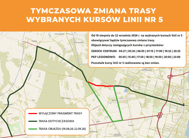 Tymczasowa zmiana trasy  wybranych kursów linii nr 5 (19.08.26-22.09.26)