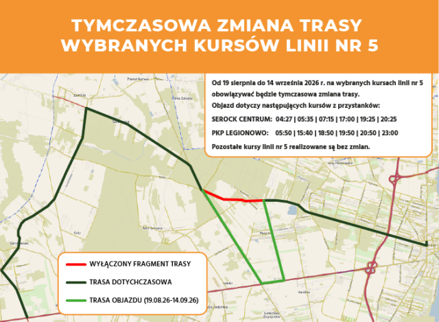 Tymczasowa zmiana trasy  wybranych kursów linii nr 5 (19.08.26-14.09.26)