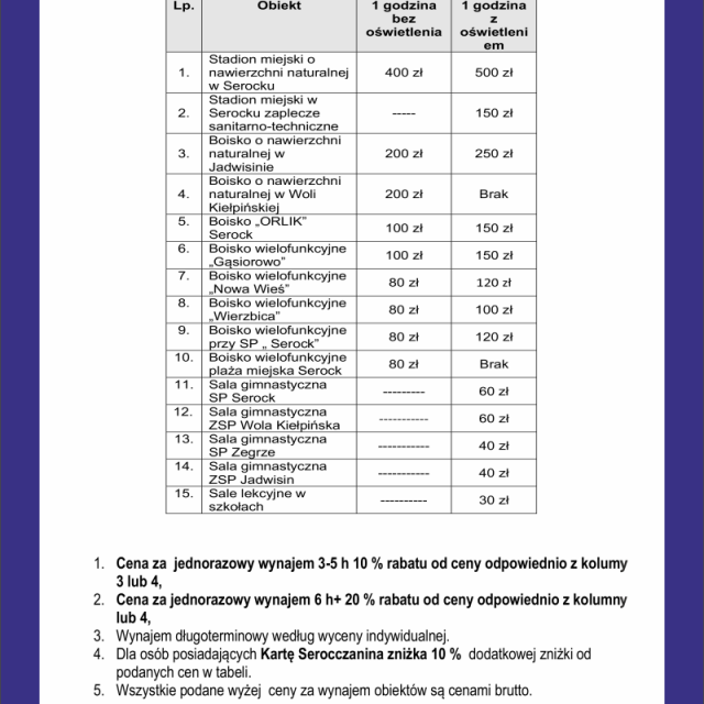 Cennik za wynajem obiektów zarządzanych przez SIS Sp. z o. o. 